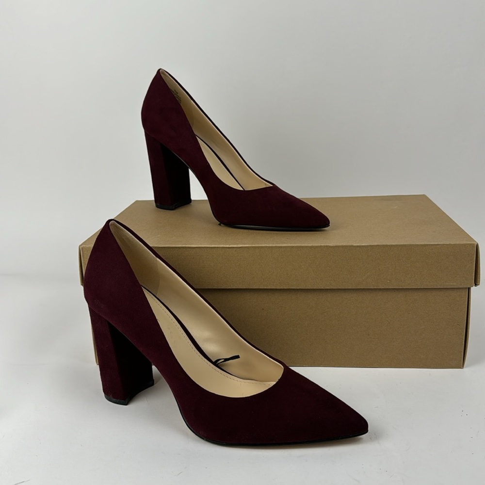 Pre-Used Nine West, Burgundy, 3.5” block heel suede pump, size 7.5
